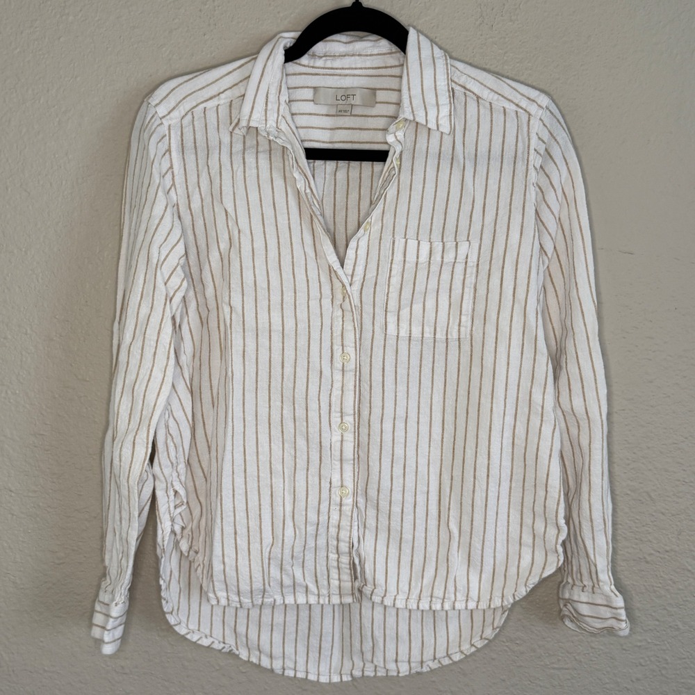 Old Money Coastal Striped Linen Blend Womens XS Blouse Quiet Luxury Neutral Prep